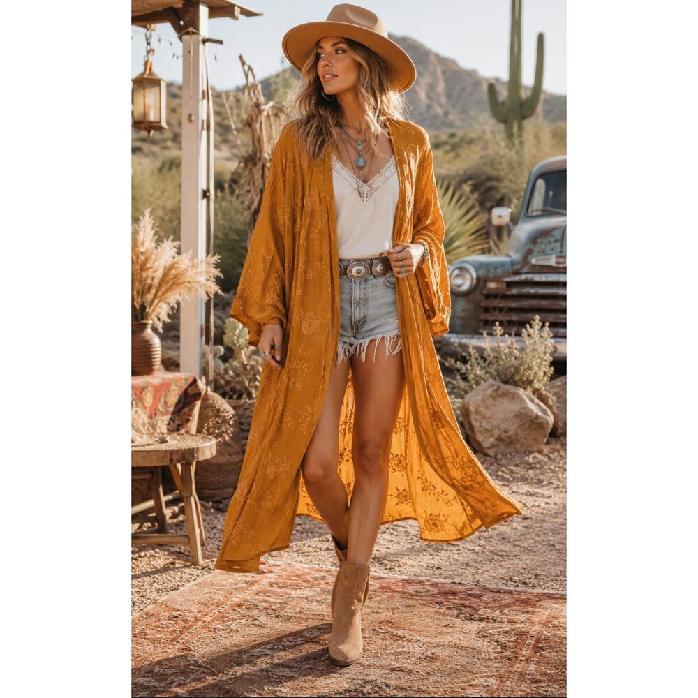 Forever 21 S Embroidered Bohemian Gypsy Western Open Front Mustard Kimono